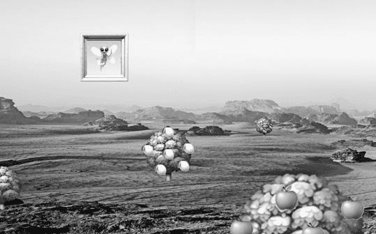 Auf dem Bild ist eine Landschaft mit kleinen Hügeln zu sehen. Die Bäume tragen unrealistisch große Früchte. Am Himmel hängt ein Bild mit einer Fee in einem Bilderrahmen.