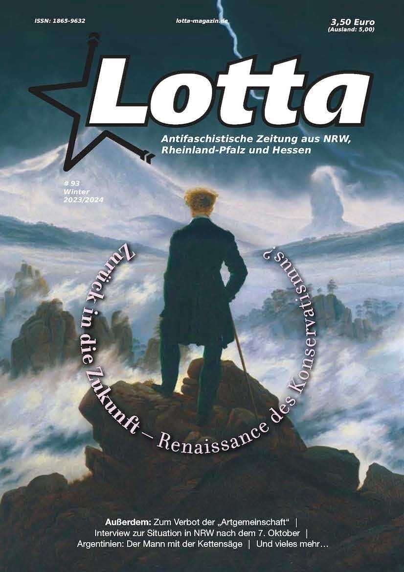 Cover der Ausgabe 93 mit dem Titel "Zurück in die Zukunft - Renaissance des Konservatismus?". Hintergrund ist das Gemälde "Wanderer über dem Nebelmeer" von Caspar David Friedrich: eine Person mit Mantel und Stock steht auf einem Felsen und blickt auf eine Felslandschaft, in der Nebelschwaden hängen.